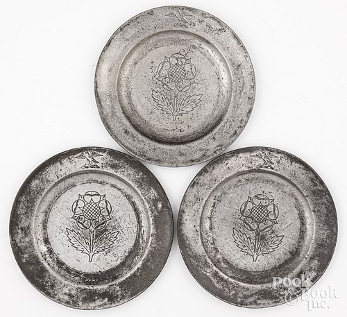 THREE ENGLISH PEWTER PLATES MID 30db46