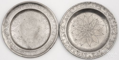 TWO PEWTER PLATES, CA. 1800Two
