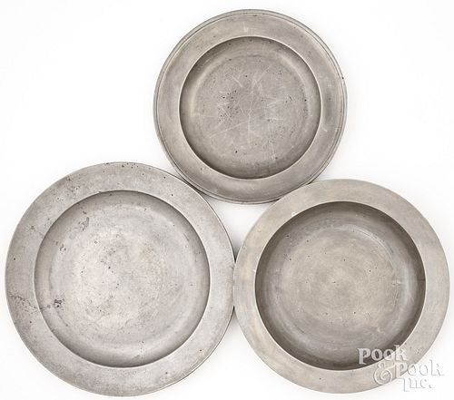 THREE ENGLISH PEWTER DISHES, 18TH