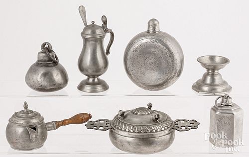 SEVEN PEWTER ITEMS, 18TH C. AND