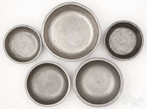 FIVE PEWTER BASINS, 18TH AND 19TH