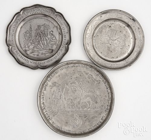 THREE CONTINENTAL ENGRAVED PEWTER