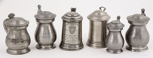SIX PEWTER ITEMS, 19TH C.Six pewter