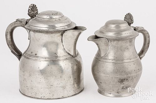 TWO ENGLISH PEWTER ALE JUGS, CA.