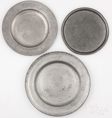 THREE CONTINENTAL PEWTER PLATES,