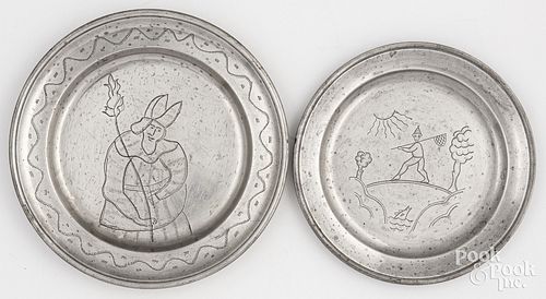 TWO CONTINENTAL ENGRAVED PEWTER