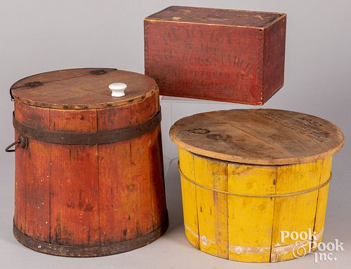 TWO PAINTED BUCKETS AND A SLIDE LID