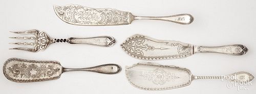 FIVE COIN SILVER SERVING UTENSILSFive 30dc40