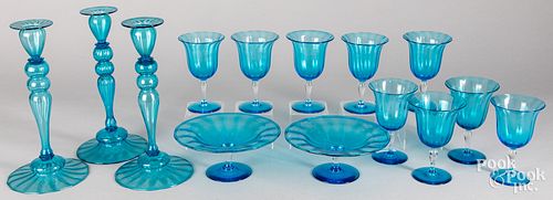 BLUE GLASS STEMWARE AND CANDLESTICKSBlue