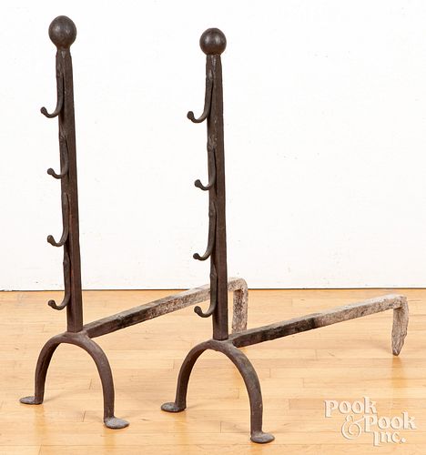 PAIR OF LARGE WROUGHT IRON ANDIRONS,