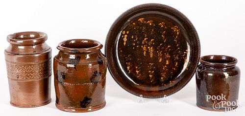 FOUR PIECES OF REDWARE, 19TH C.Four