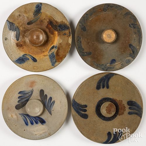 FOUR STONEWARE CROCK LIDS, 19TH