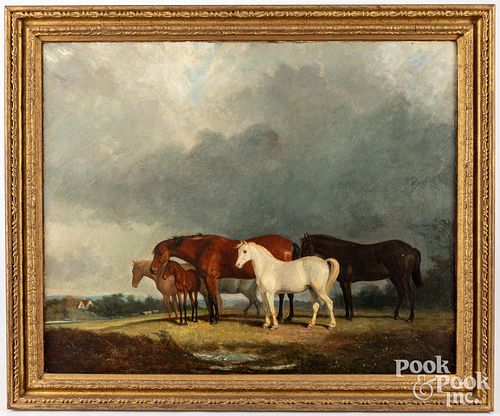 OIL ON CANVAS LANDSCAPE WITH HORSES,