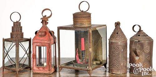 FIVE TIN LANTERNS, 19TH C.Five