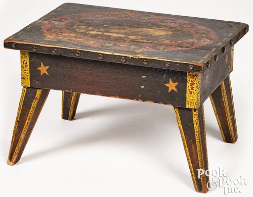 PAINTED PINE FOOTSTOOL, 19TH C.Painted