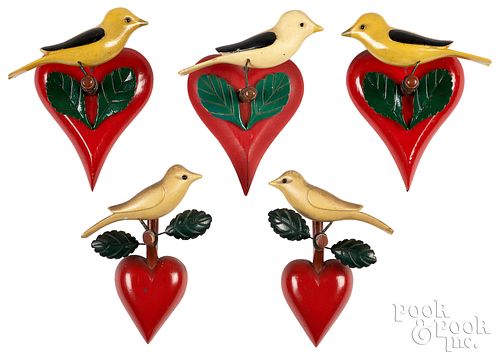 FIVE CARVED AND PAINTED BIRDS ON