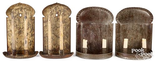 TWO PAIRS OF TIN WALL SCONCES,