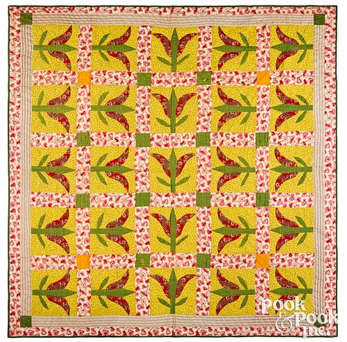 PIECED TULIP QUILT, 19TH C.Pieced