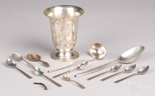 SIX SILVER DEMITASSE SPOONS, ETC.Six