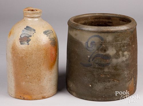 STONEWARE JUG AND CROCK, 19TH C.Stoneware