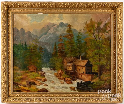 OIL ON CANVAS LANDSCAPE WITH MILL  30e03b