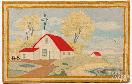 HOOKED RUG WITH HOUSE EARLY MID 30e04a