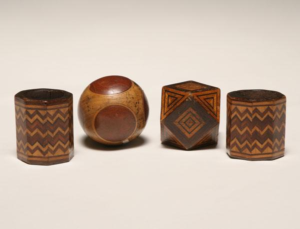 Four Folk Art carved wooden inlaid