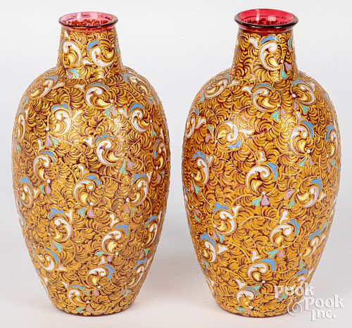 PAIR OF ENAMEL DECORATED RUBY GLASS