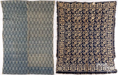 TWO BLUE AND WHITE JACQUARD COVERLETS,