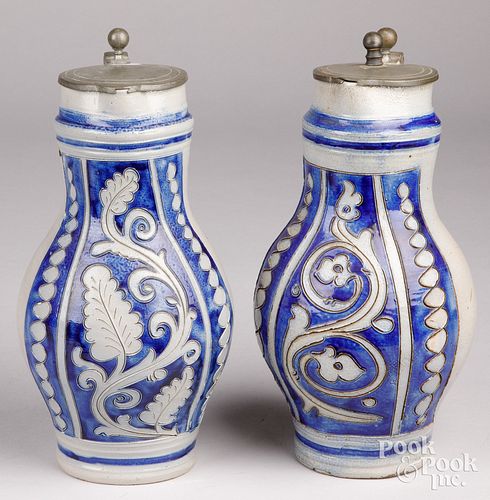 TWO WESTERWALD STONEWARE PITCHERS, 19TH