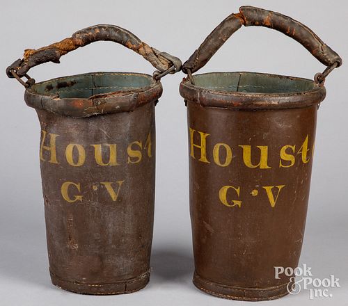 PAIR OF PAINTED LEATHER FIRE BUCKETS  30e147