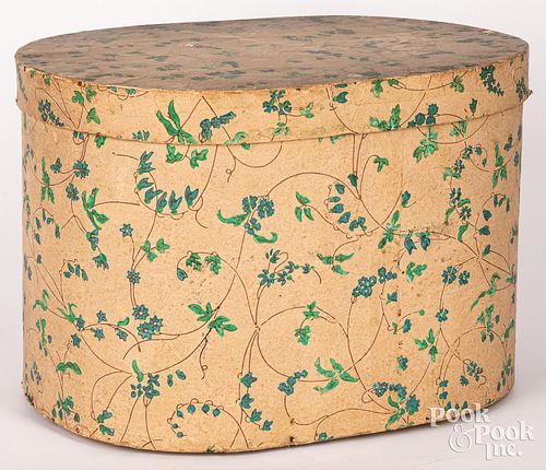 WALLPAPER COVERED WOOD HAT BOX, 19TH