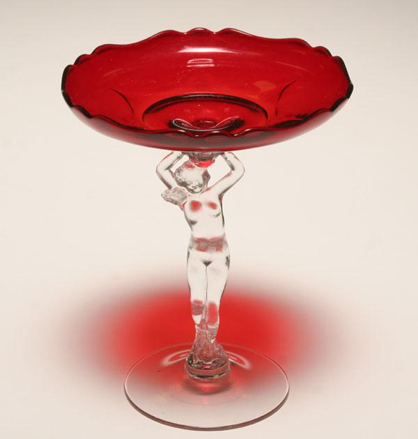Cambridge nude figural ruby glass compote;