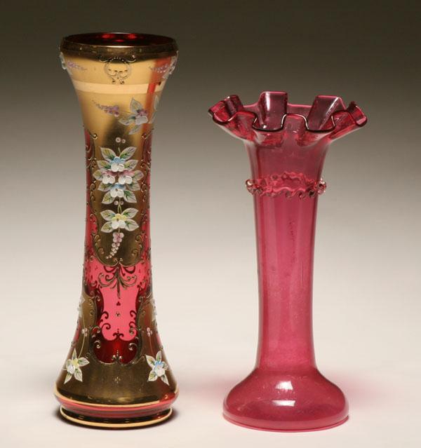 Cranberry and Bohemian glass vases;