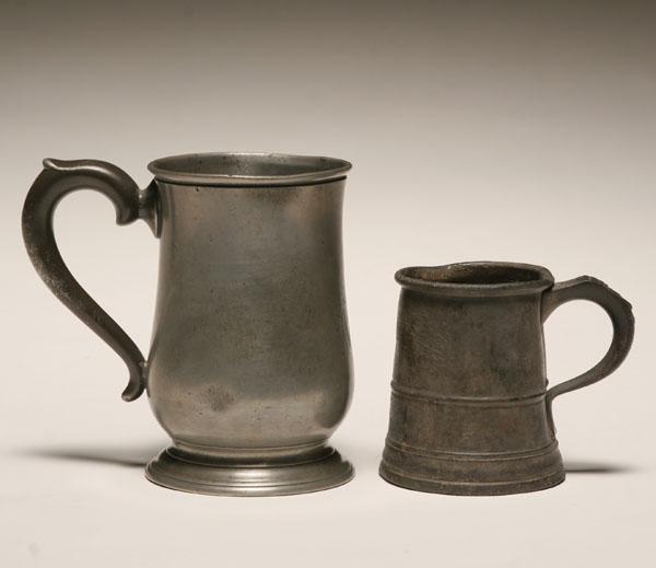 Two English pewter mugs; applied