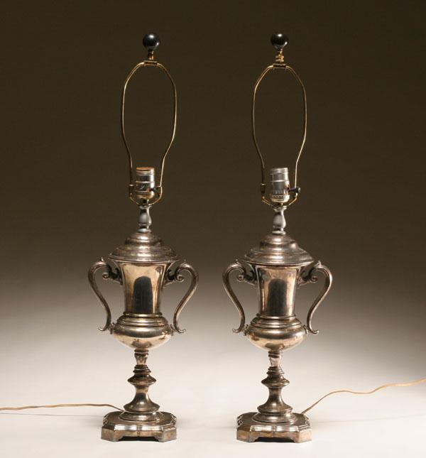 Pair silverplate urn lamps.