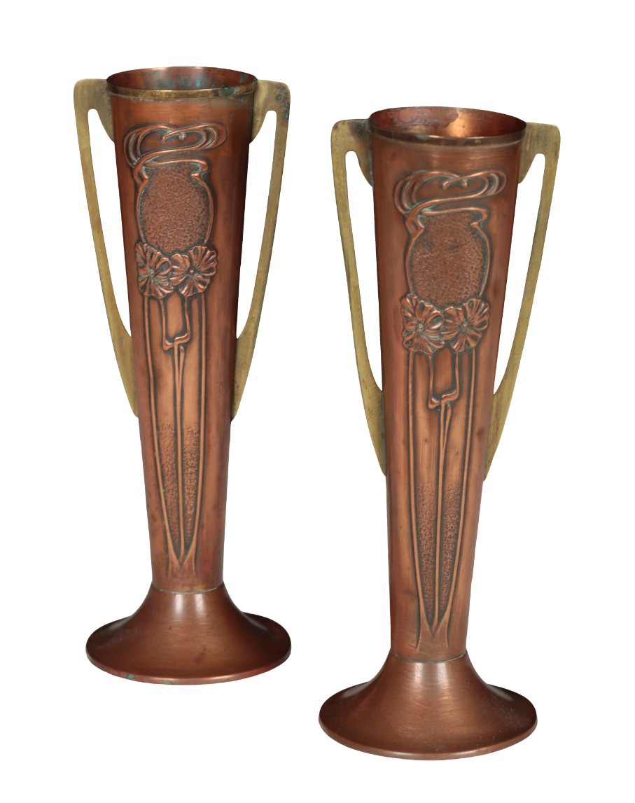 A PAIR OF ART NOUVEAU COPPER VASES 310adc