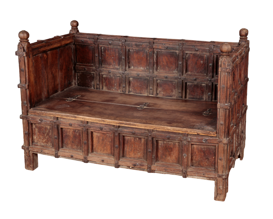 AN INDIAN PANELLED WOOD HALL BENCH 310afd