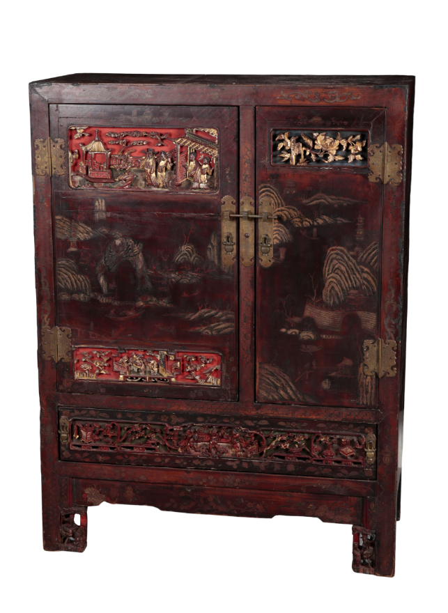 A CHINESE PAINTED CABINET ON STAND
