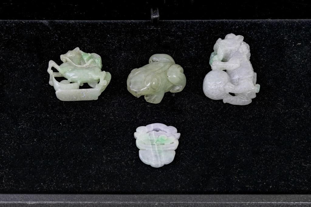 Four carved jade pieces to include