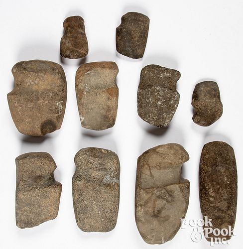 TEN 3/4 GROOVE STONE AXE HEADS OF VARIOUS