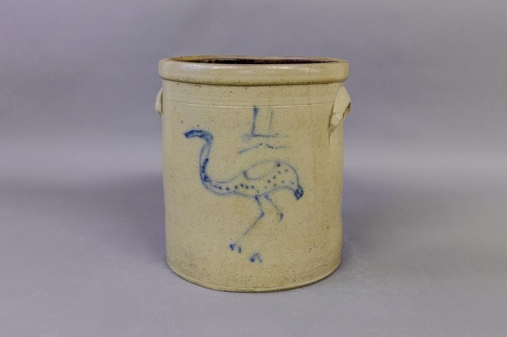 Stoneware 4-gallon crock with bird decoration
12H