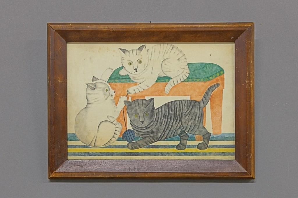 Folk Art watercolor of cats 19th 310d98