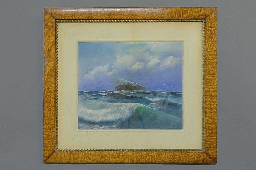 Framed and matted pastel of a steamship