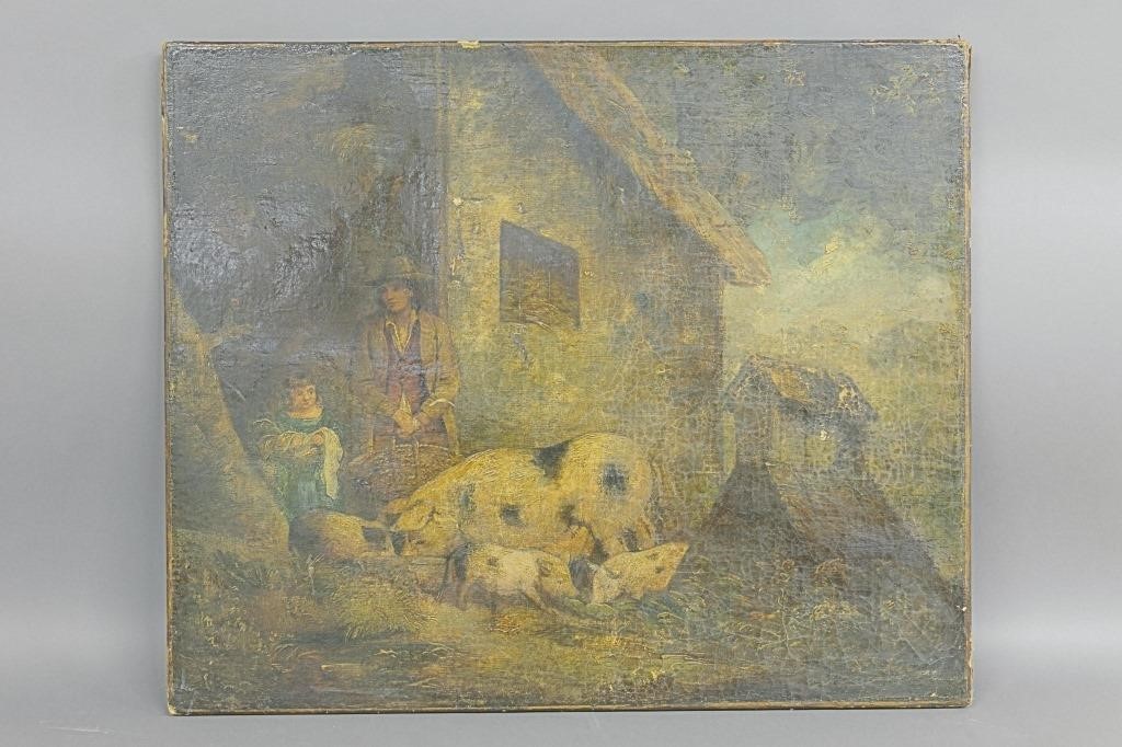 Continental oil on canvas of pigs