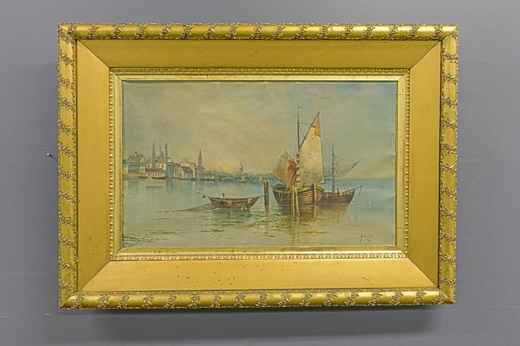Italian oil on canvas of ships in a