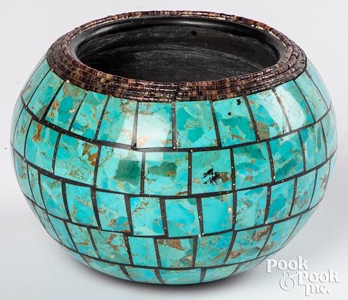 TURQUOISE INLAY BLACKWARE POTTERY 310ebd