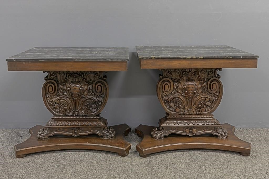Pair of mahogany pier tables with black