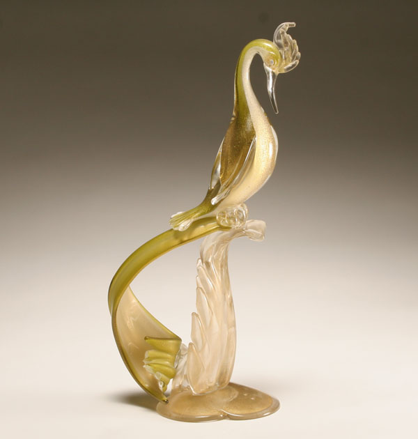 Murano green and gold art glass bird,