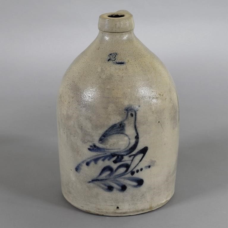 Two-gallon stoneware jug with blue